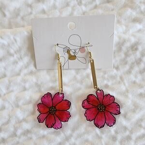 Pink Flower Bar Dangle Handmade Earrings